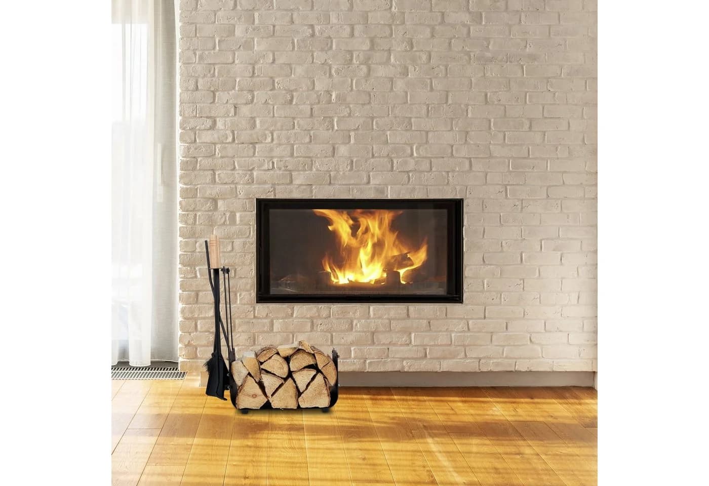 relaxdays Kaminholzkorb Metall mit Kaminbesteck Schwarz