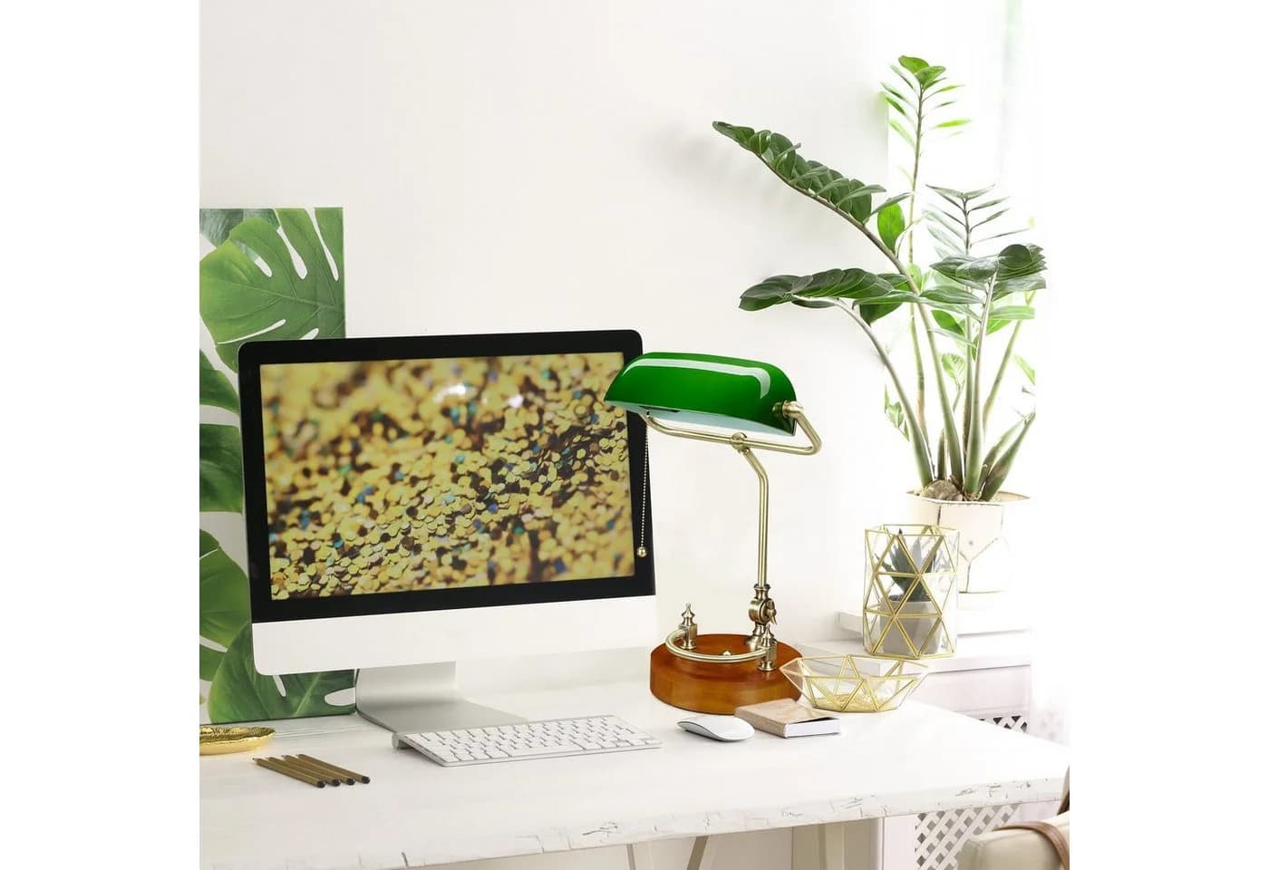 relaxdays Bankerlampe Tischleuchte mit Zugschalter Grün Gold Braun