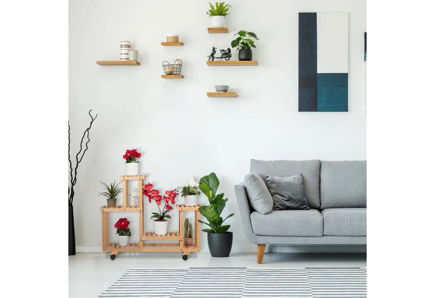 relaxdays Blumenständer Pflanzenregal Bambus 6 Ablagen