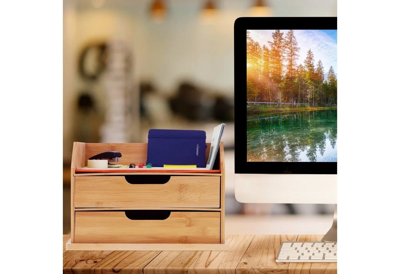 relaxdays Schreibtisch-Organizer mit 2 Schubfächern Bambus Natur