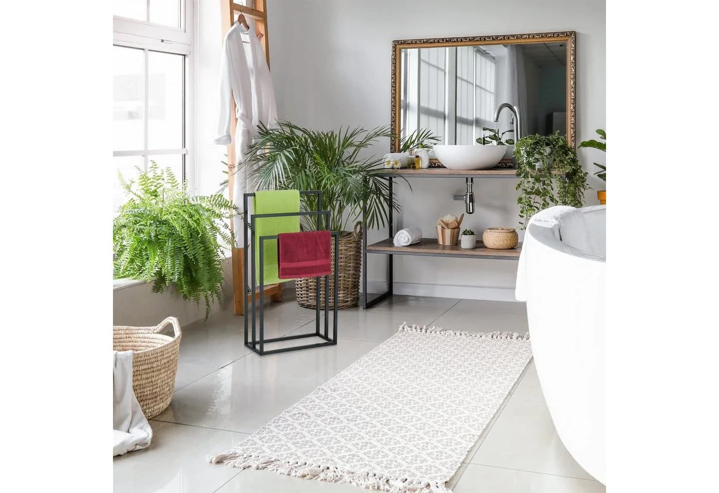 relaxdays Handtuchständer Schwarz 3 Stangen Stahl Freistehend