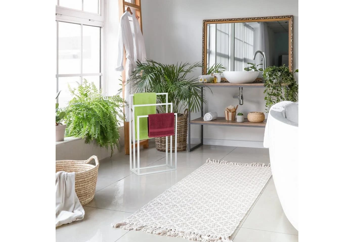 relaxdays Handtuchständer Weiß 3 Stangen Freistehend Stahl