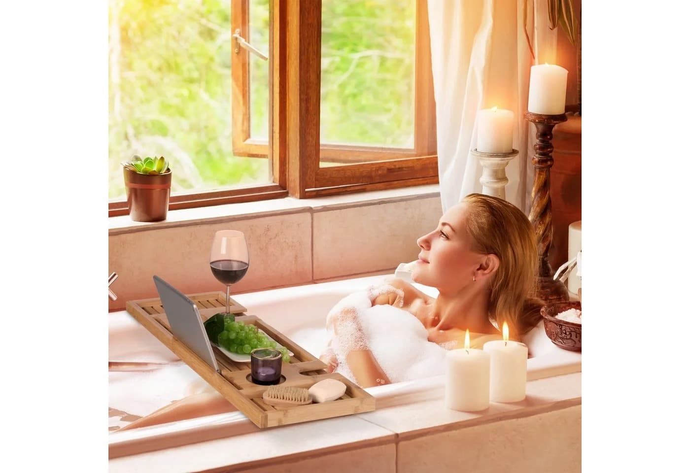 relaxdays Badewannenablage Bambus Natur mit Weinglashalter