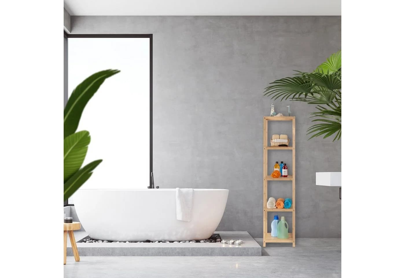 relaxdays Badregal Bambus 5 Ablagen Natur
