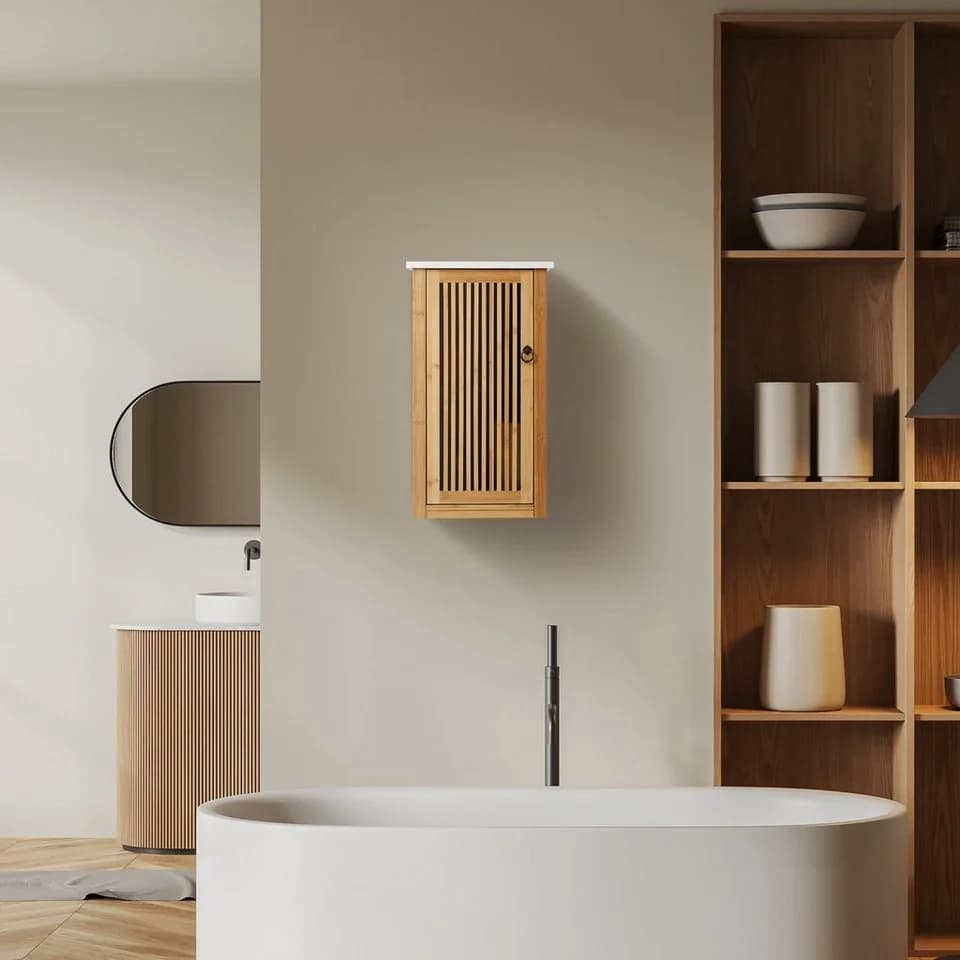 relaxdays Hängeschrank Bambus Natur Weiß Badezimmerschrank Lamellen Design