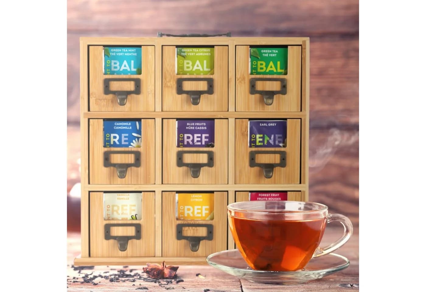 relaxdays Teebox Bambus Organizer mit 9 Fächern