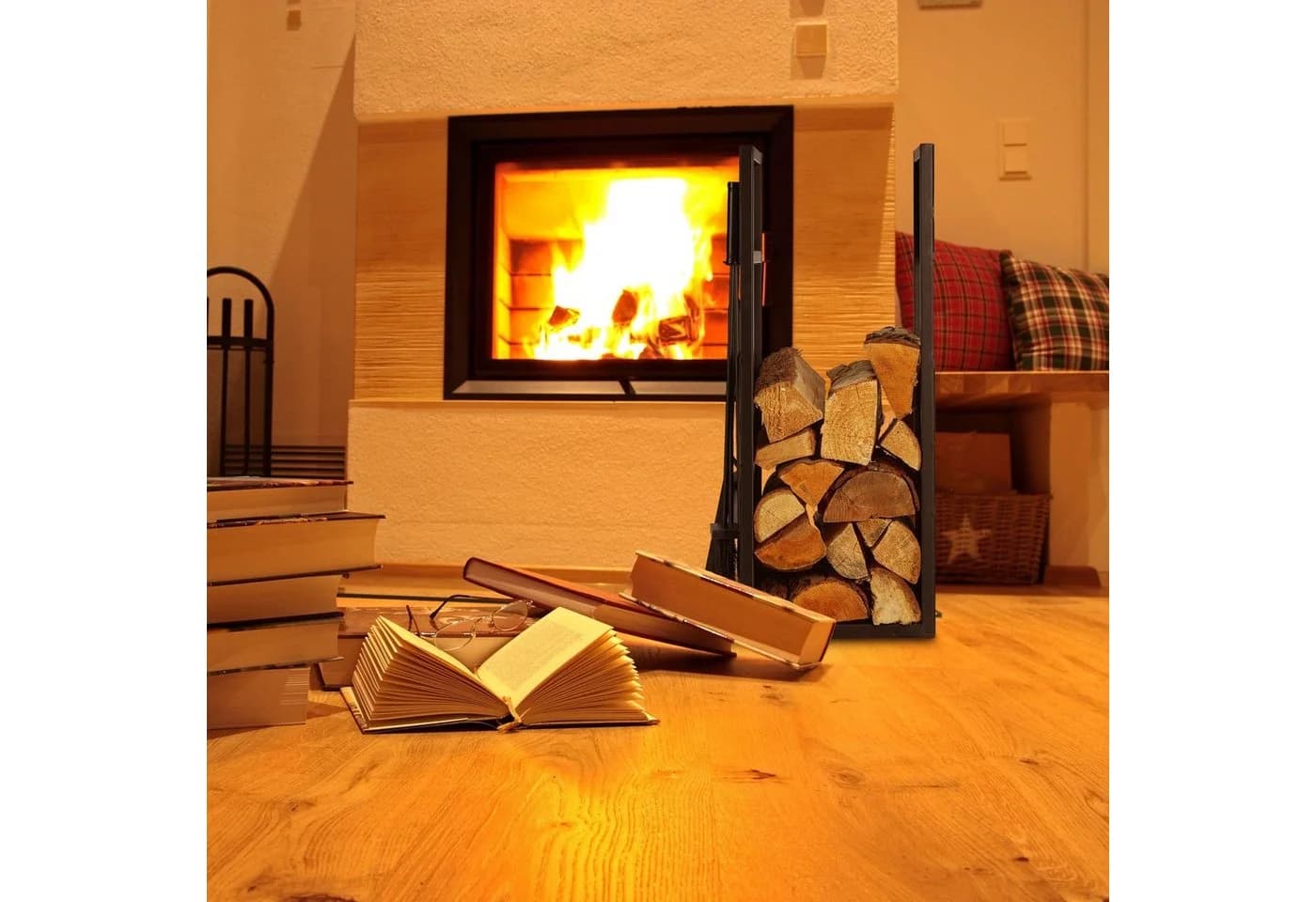 relaxdays Kaminholzregal mit Kamingarnitur Schwarz