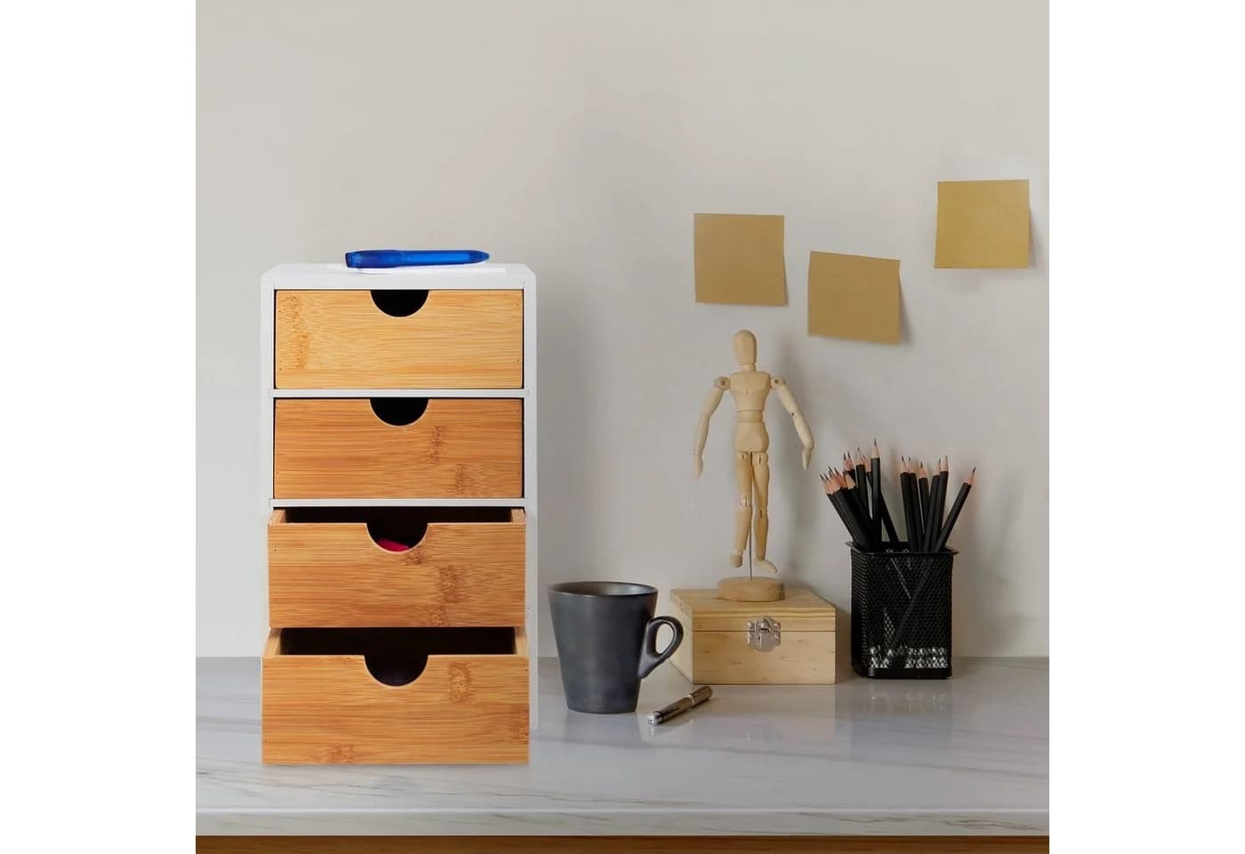 relaxdays Organizer Schubladenbox 4 Fächer Bambus Weiß