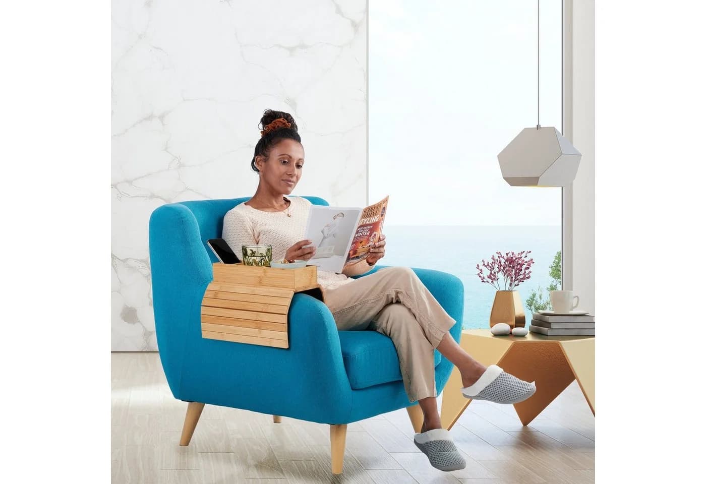 relaxdays Sofatablett Bambus mit 3 Fächern Natur