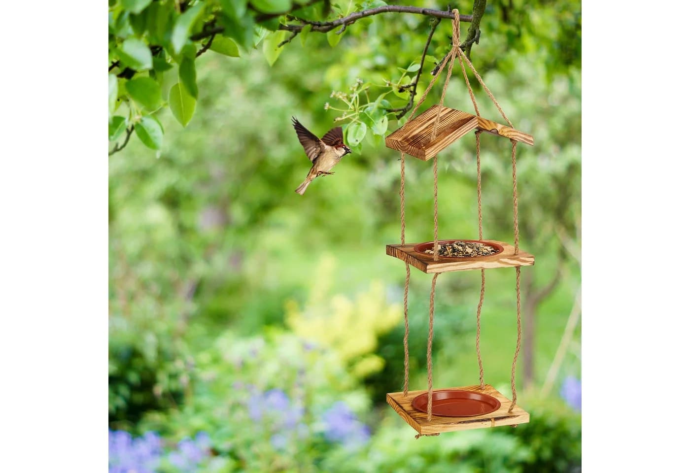 relaxdays Vogelfutterstation mit 2 Schalen Tannenholz
