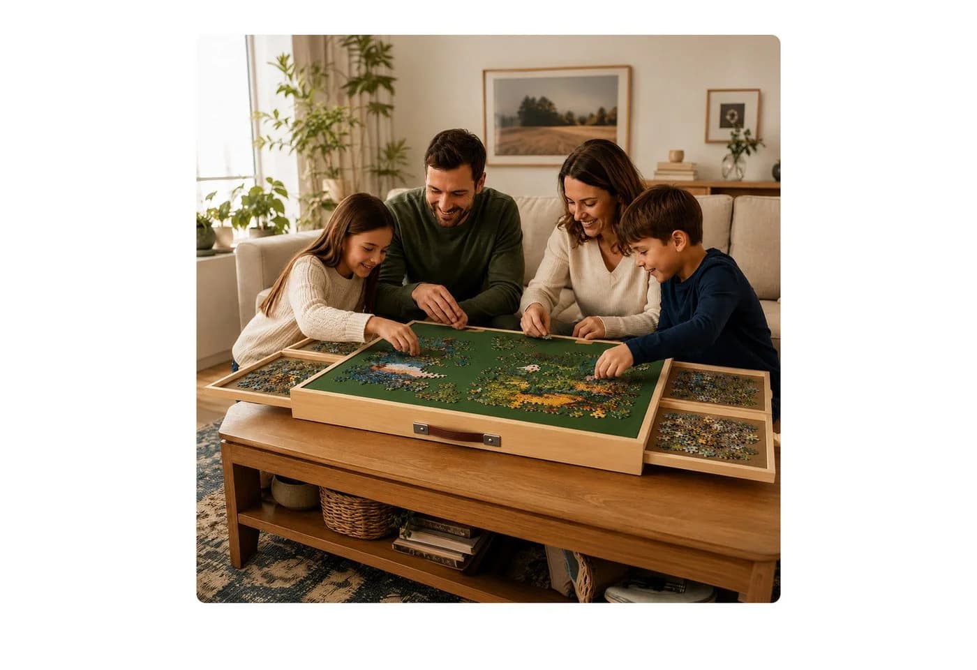 relaxdays Puzzletisch mit 4 Schubladen, Kiefernholz