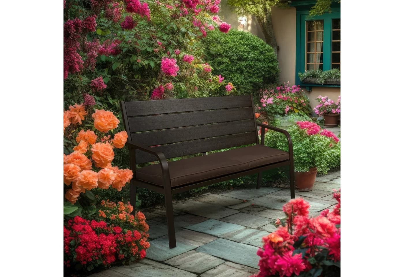 relaxdays Gartenbank mit Sitzauflage Braun