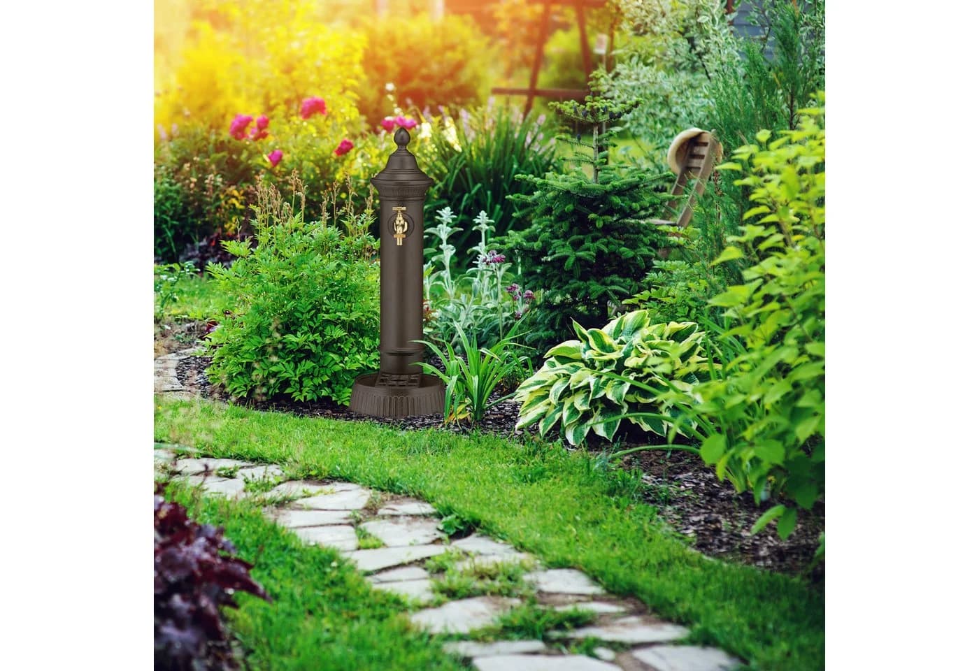 relaxdays Gartenbrunnen Standbrunnen antik Dunkelbraun/Gold