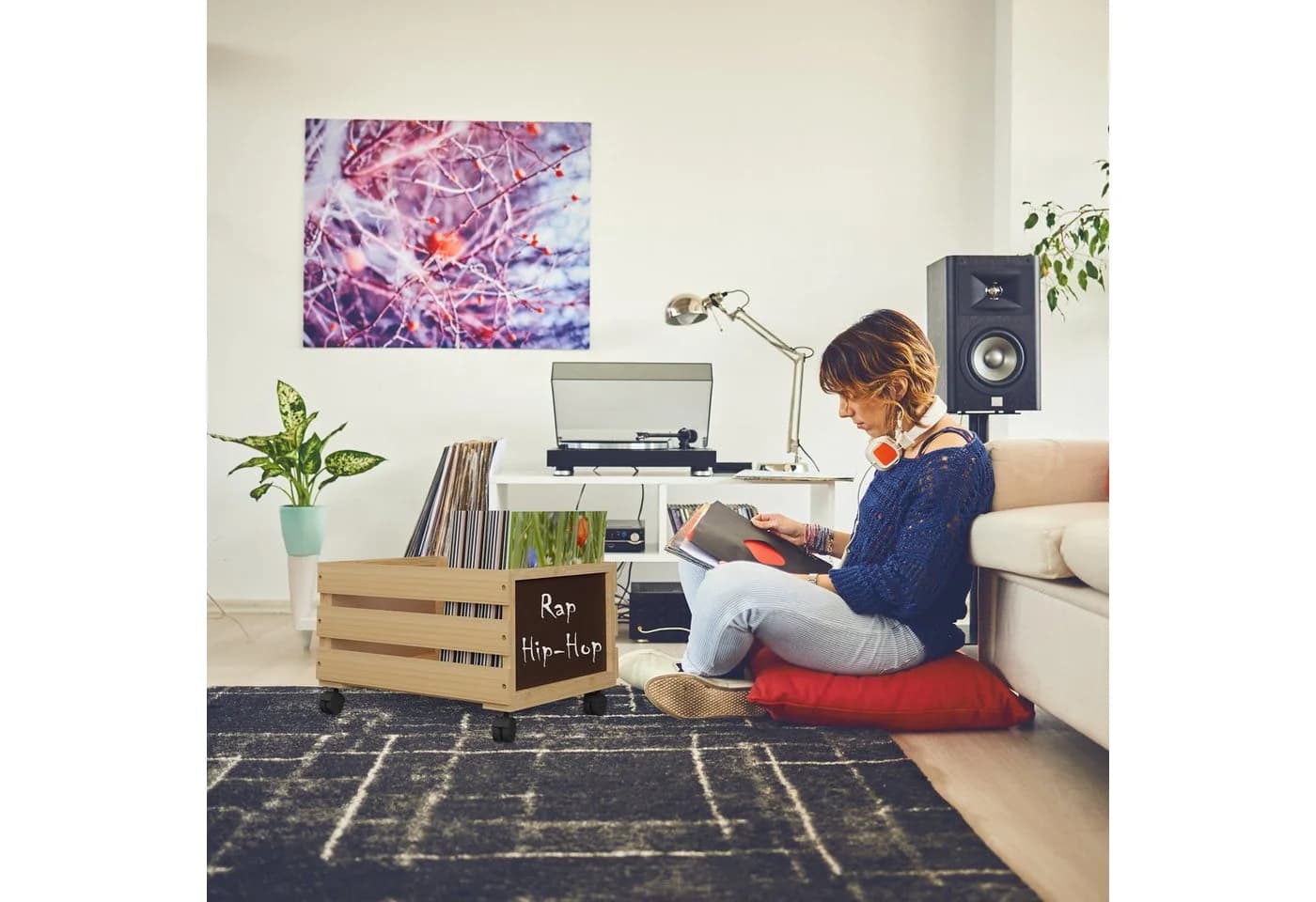 relaxdays Aufbewahrungsbox Schallplatten Kiste Bambus Schwarz