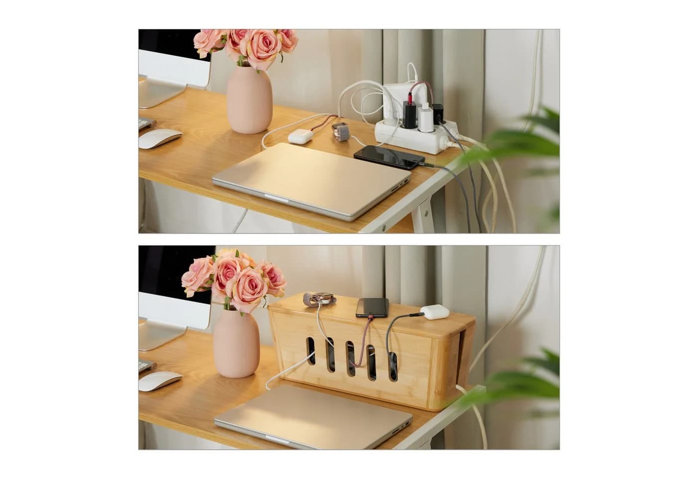 relaxdays Kabelbox aus Bambus - Kabelmanagement mit Magnetverschluss