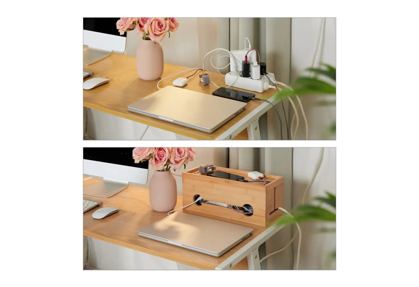 relaxdays Kabelbox aus Bambus - Kabelmanagement mit Magnetverschluss