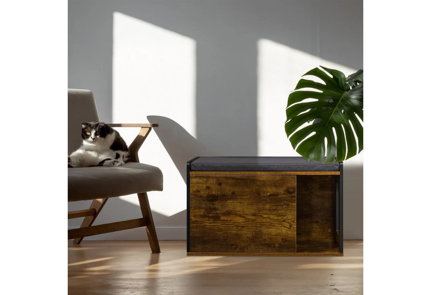 relaxdays Katzenschrank Industrial Design Schwarz/Braun mit Sitzbank