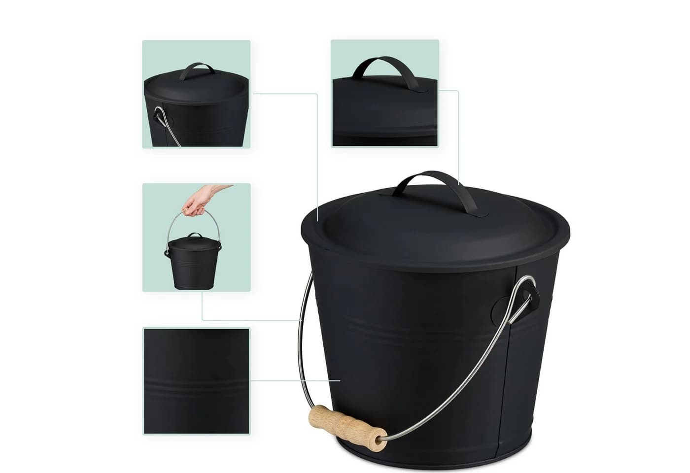 relaxdays Ascheeimer mit Deckel & Kehrset 4,5 L Schwarz