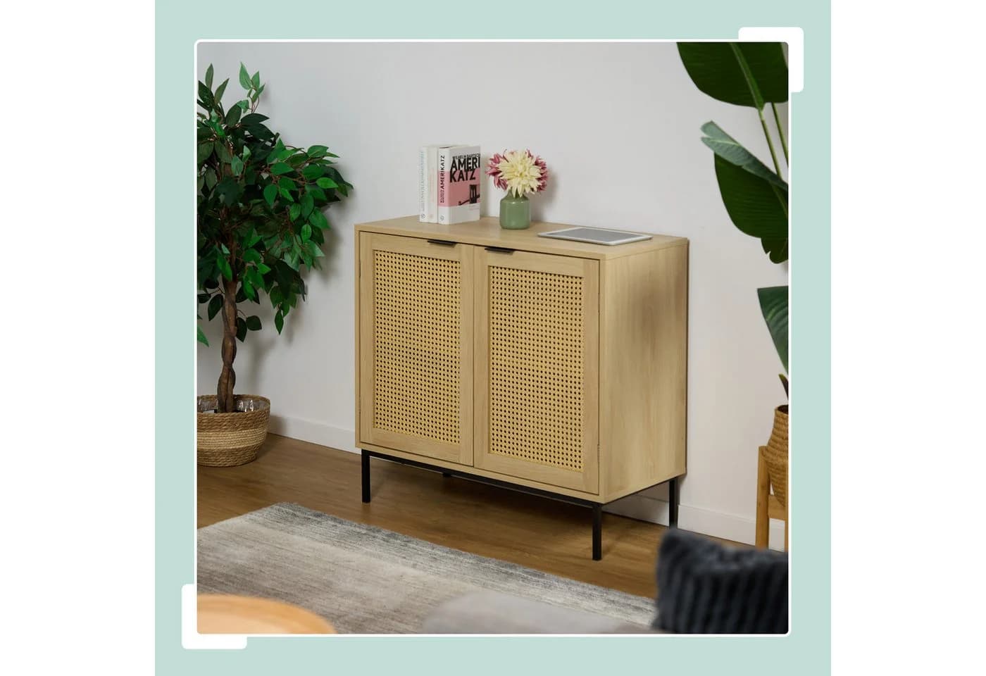 relaxdays Sideboard mit 2 Rattan Türe Natur/Schwarz