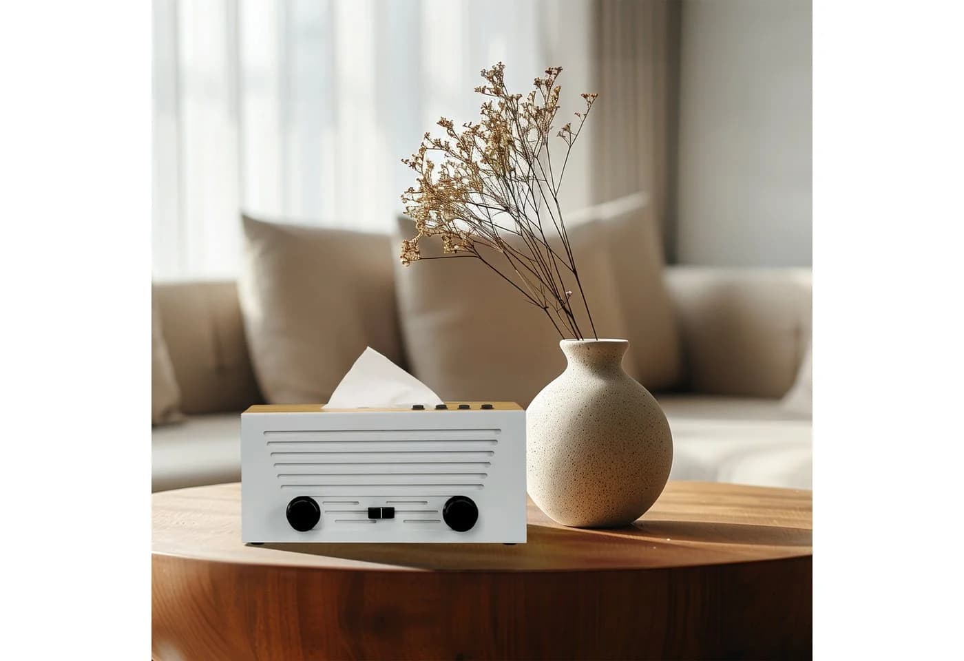 relaxdays Papiertuchbox Kosmetiktücherbox Radio-Design Weiß/Natur