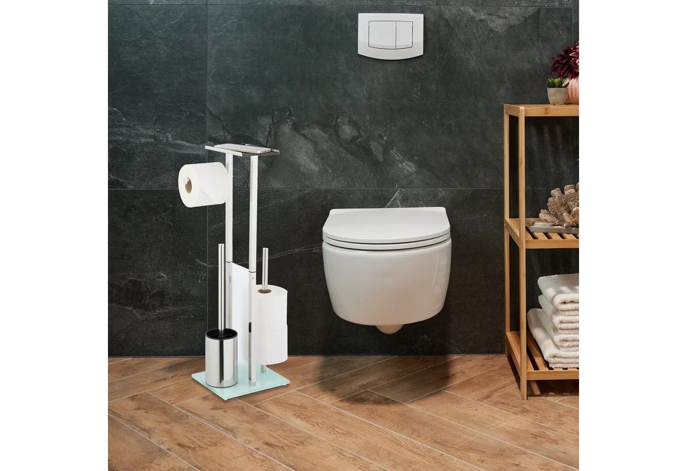 relaxdays WC-Garnitur Stehende WC Garnitur mit Ablage Silber