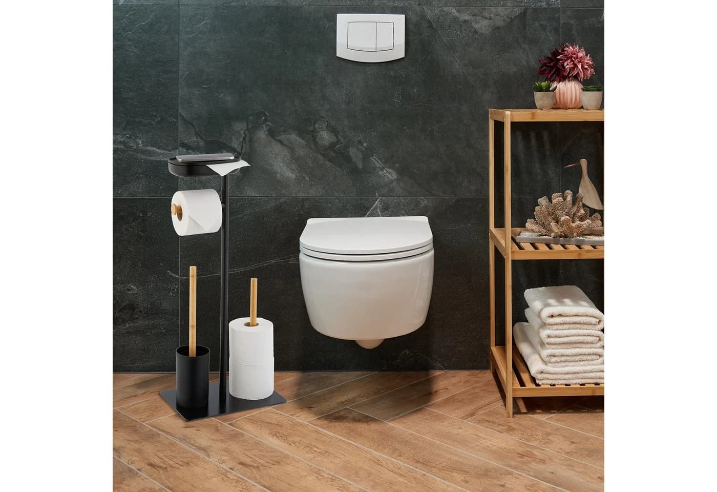 relaxdays WC-Garnitur Bambus & Eisen mit Ablage Schwarz