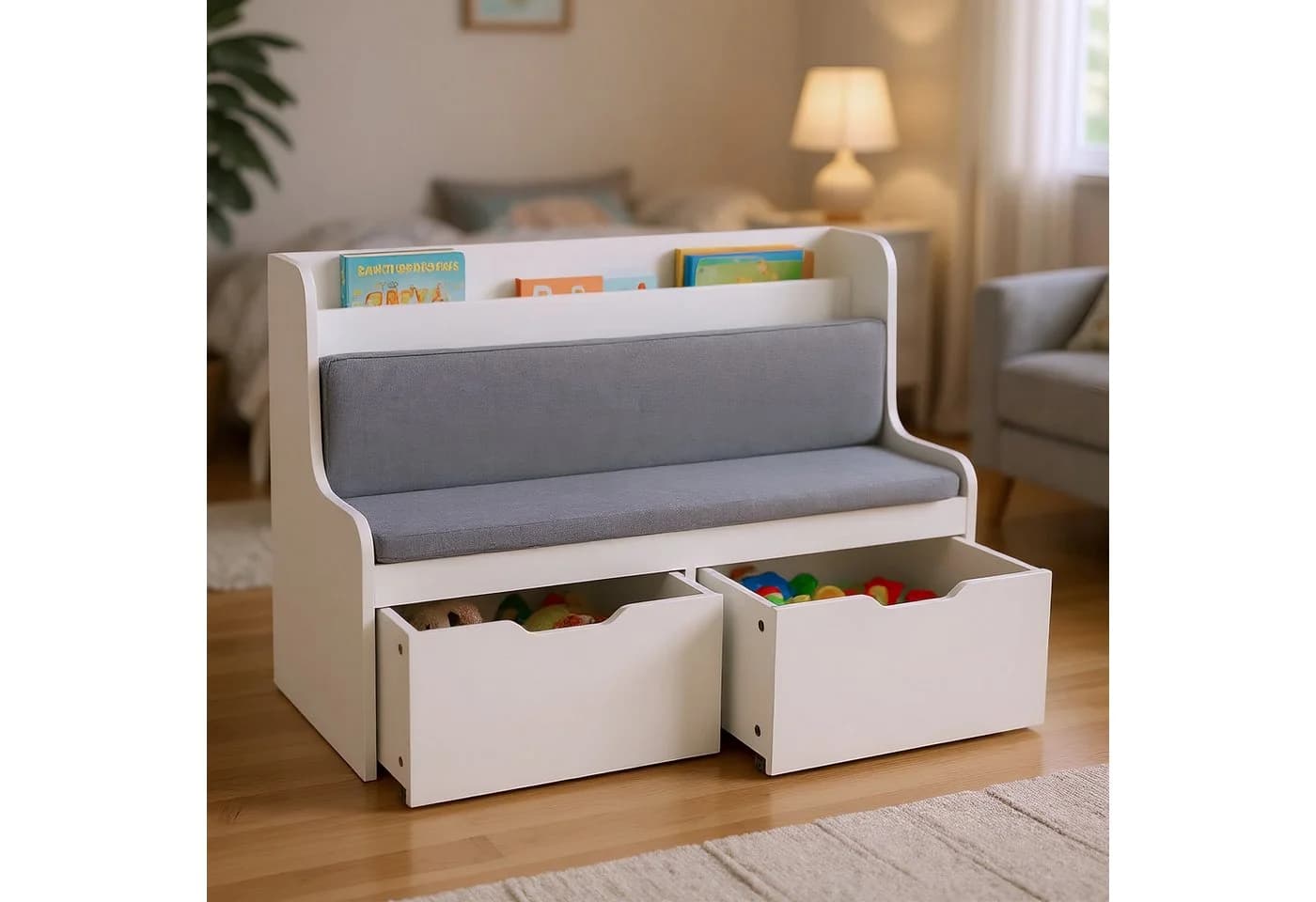 relaxdays Truhenbank Kinderbank mit 2 Schubladen Weiß/Grau