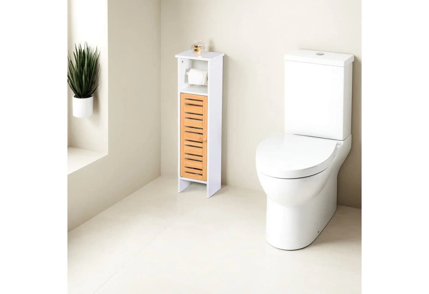 relaxdays Toilettenpapierhalter Stehend 3 Ablage Weiß Bambus