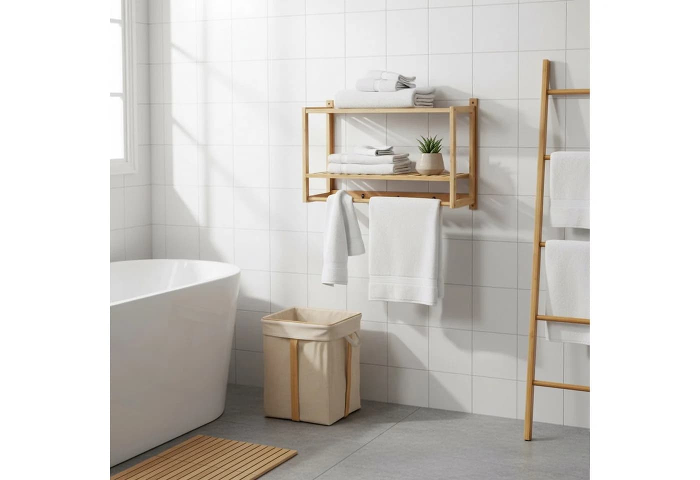 RELAXDAYS Wandregal Bad mit Haken & Handtuchstange Natur Bambus