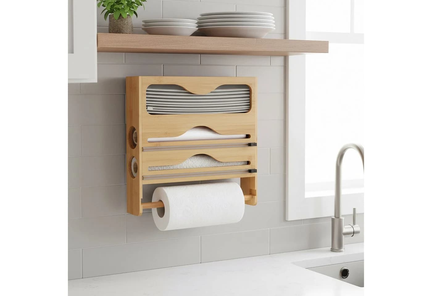 relaxdays Wandrollenhalter Küche 4-in-1 Bambus mit Schneider
