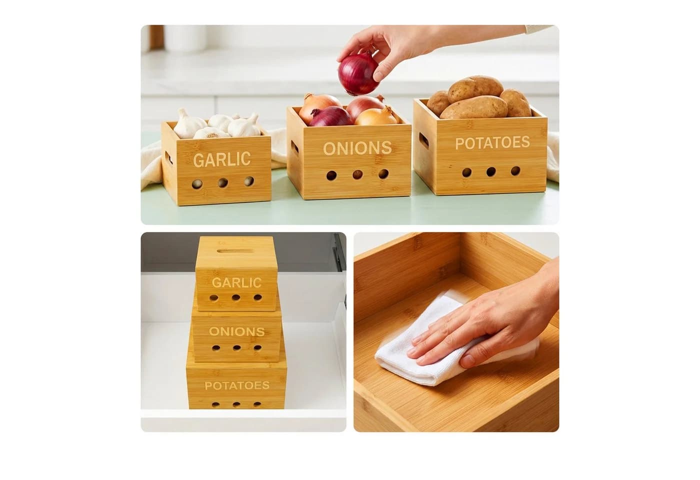 relaxdays Kartoffelkiste Bambus Aufbewahrungsboxen Set für Küche
