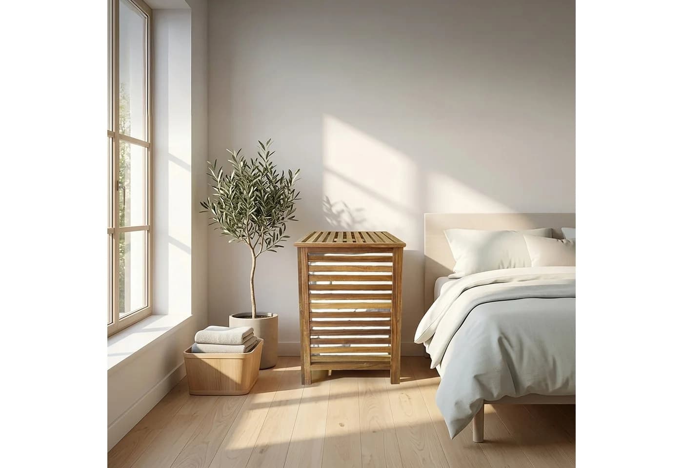 relaxdays Wäschetruhe Akazie mit Deckel & Sack Braun