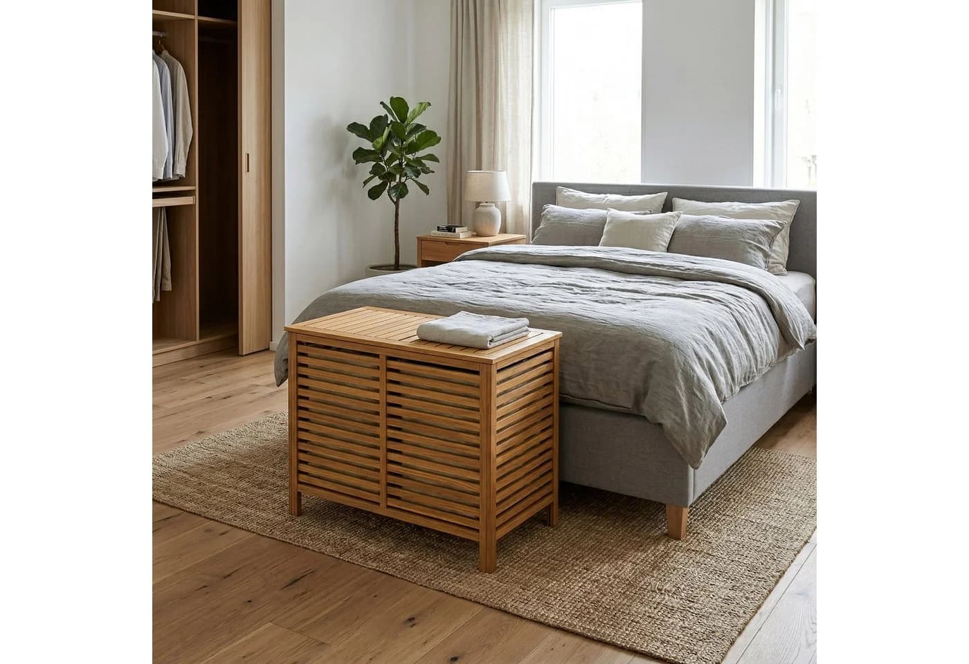 relaxdays Wäschesortierer 150 l mit 2 Fächern Walnussholz