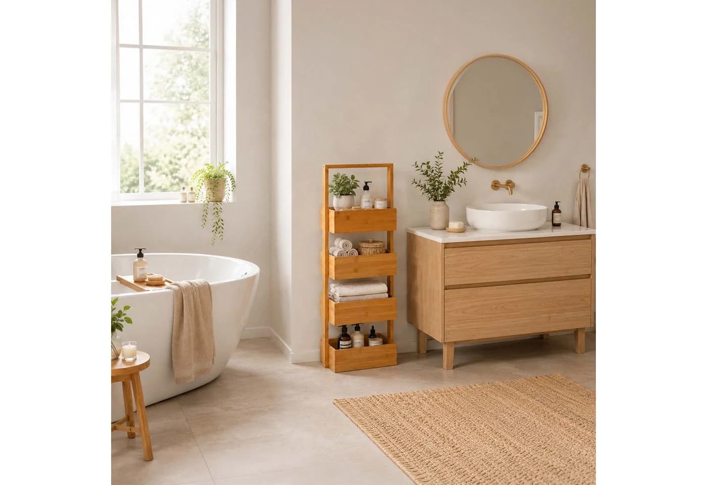 relaxdays Badregal Bambus 4 Ablagen Natur