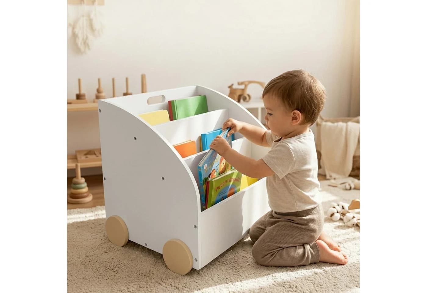 relaxdays Kinderregal Bücherregal 3 Fächer Weiß mit Rollen
