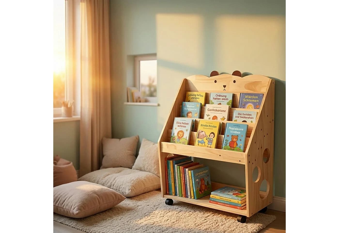 relaxdays Kinderregal mit Rollen und Kreidetafel Natur