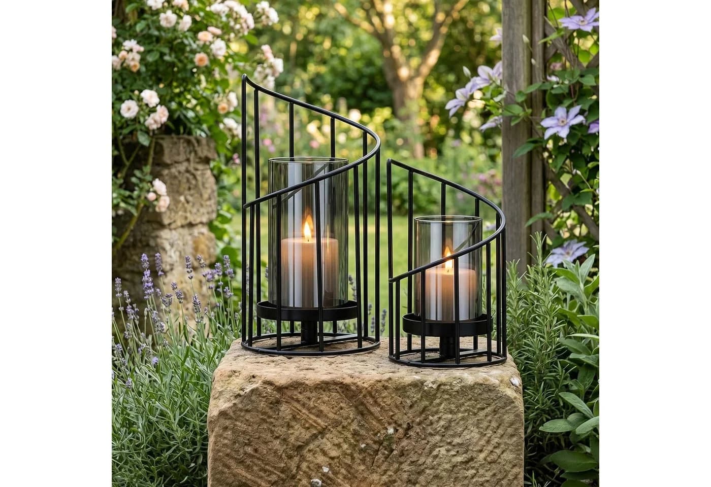 relaxdays Windlicht 2er Set Schwarz Transparent Glas Eisen