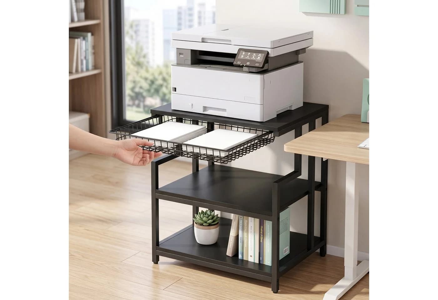 relaxdays Druckertisch mit 3 Ebenen und Schublade Schwarz