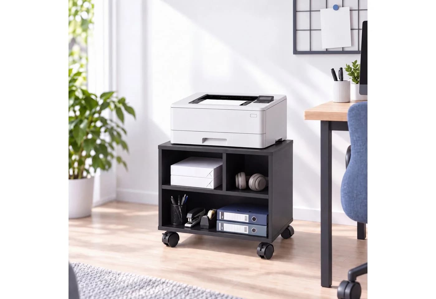 relaxdays Druckertisch mit Rollen und 3 Fächern Schwarz