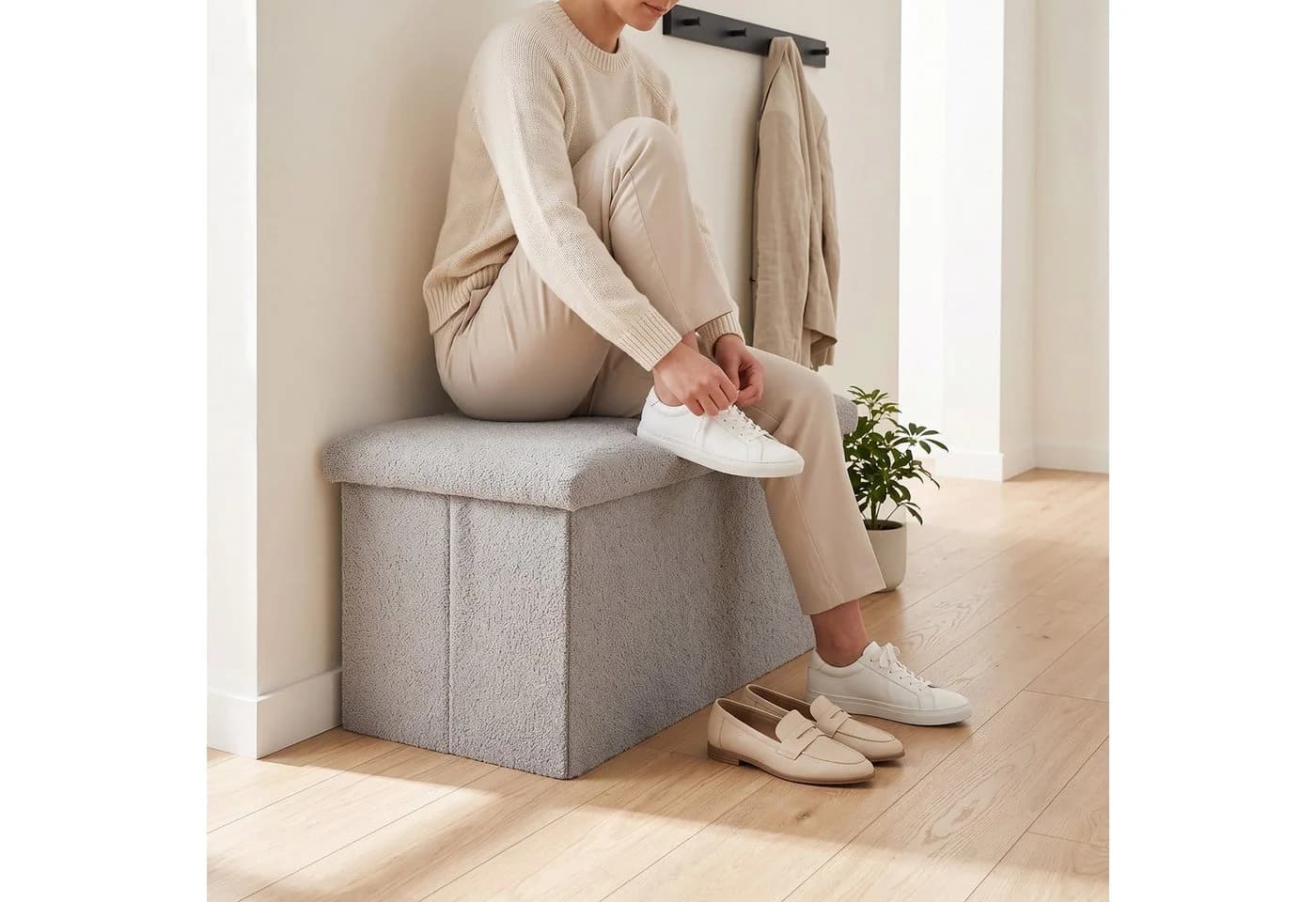 relaxdays Sitzbank aus Teddystoff grau mit Stauraum