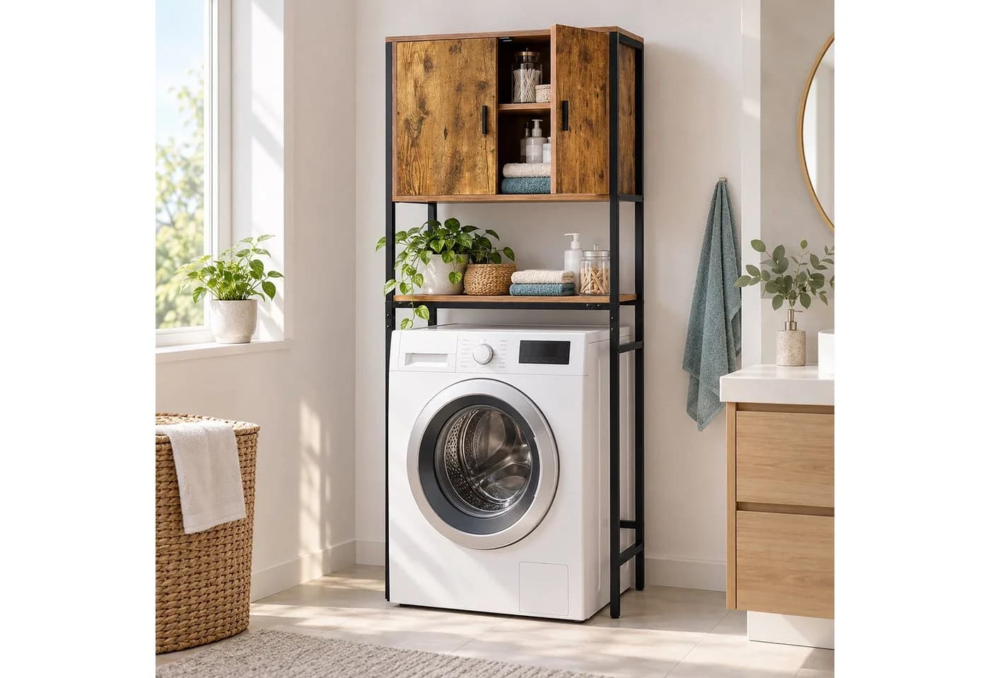 relaxdays Waschmaschinenumbauschrank Industrial Schwarz Metall