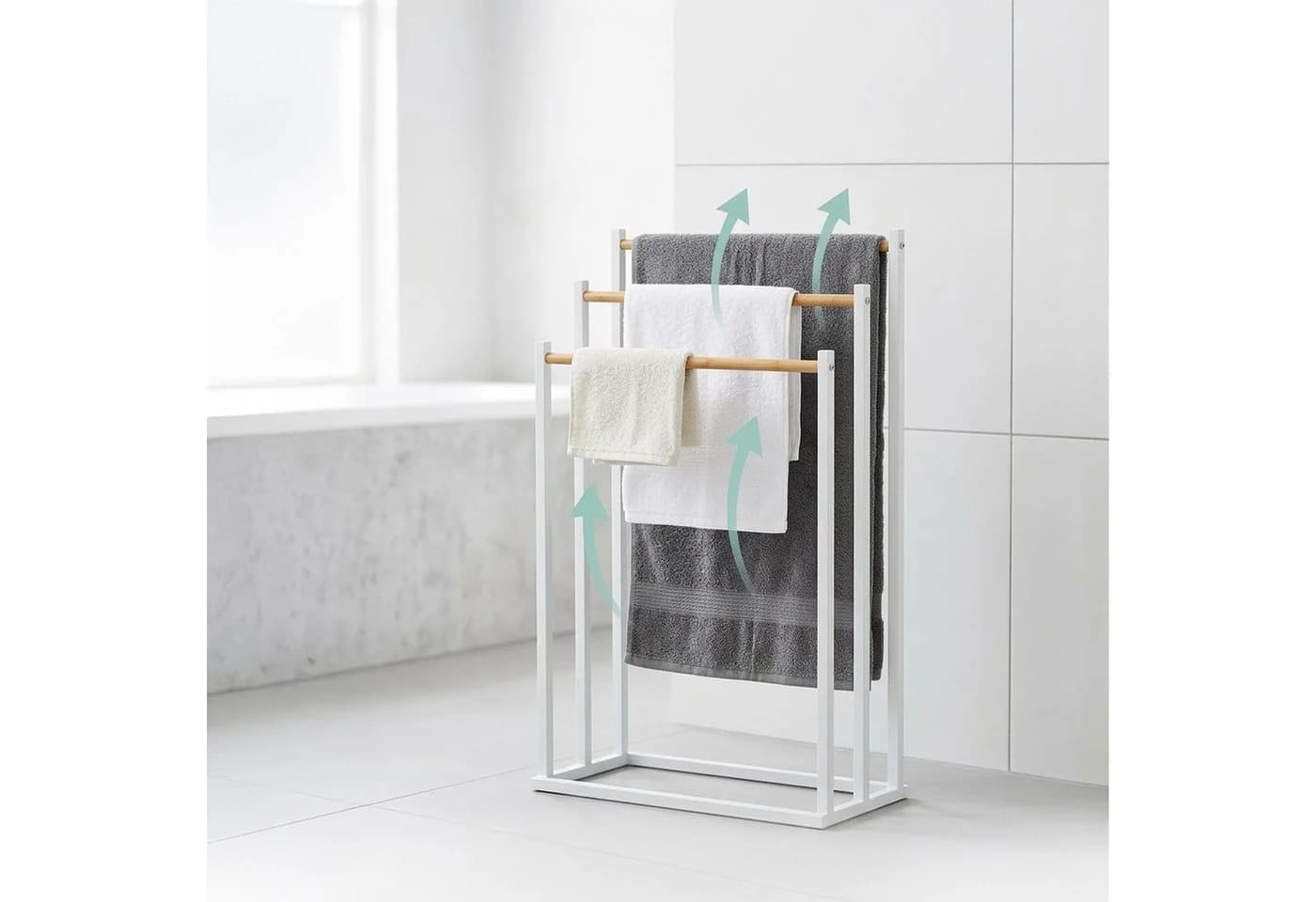relaxdays Handtuchständer 3 Stangen Weiß Bambus Metall
