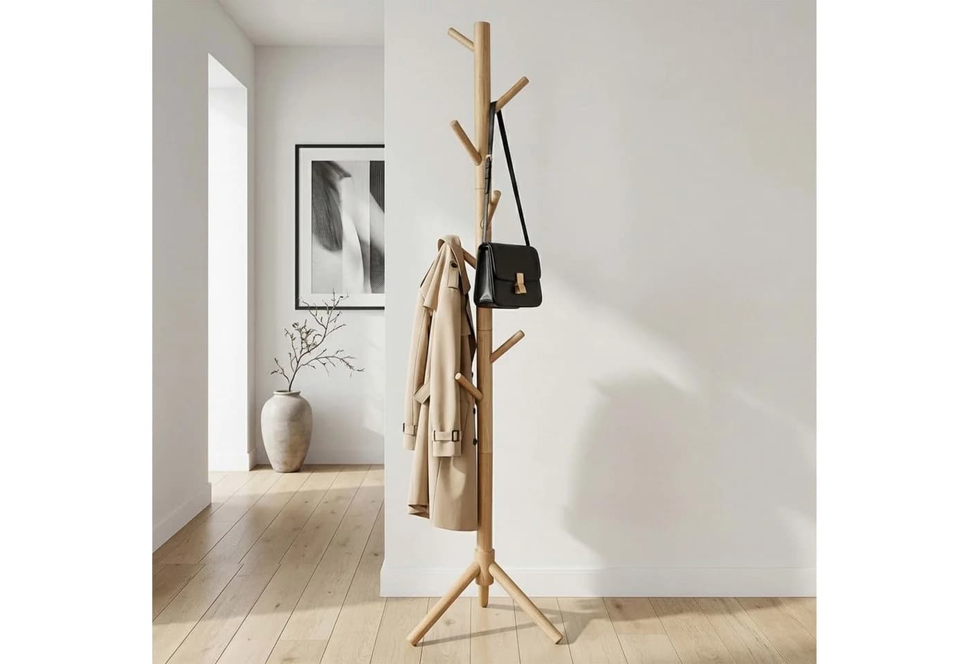 relaxdays Garderobenständer Kiefernholz 8 Haken Natur