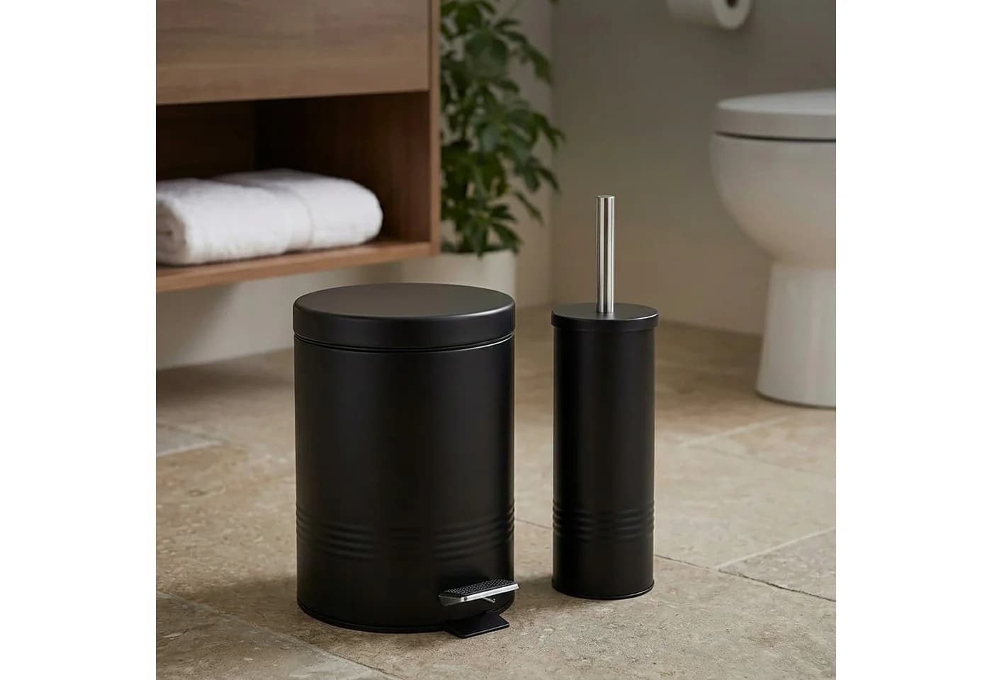 relaxdays Kosmetikeimer & WC-Bürste Set Schwarz Modern