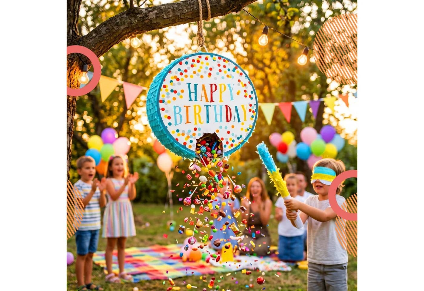 relaxdays Pinata Set 3-teilig mit Stock und Maske, Happy Birthday blau