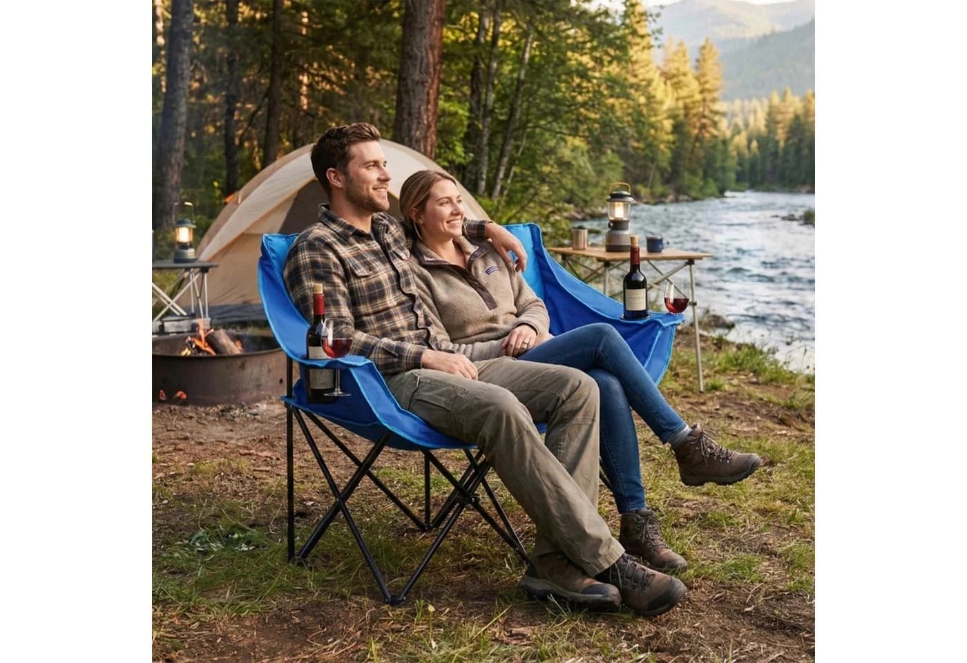 relaxdays Campingstuhl Faltbare Camping Bank für 2 Personen blau