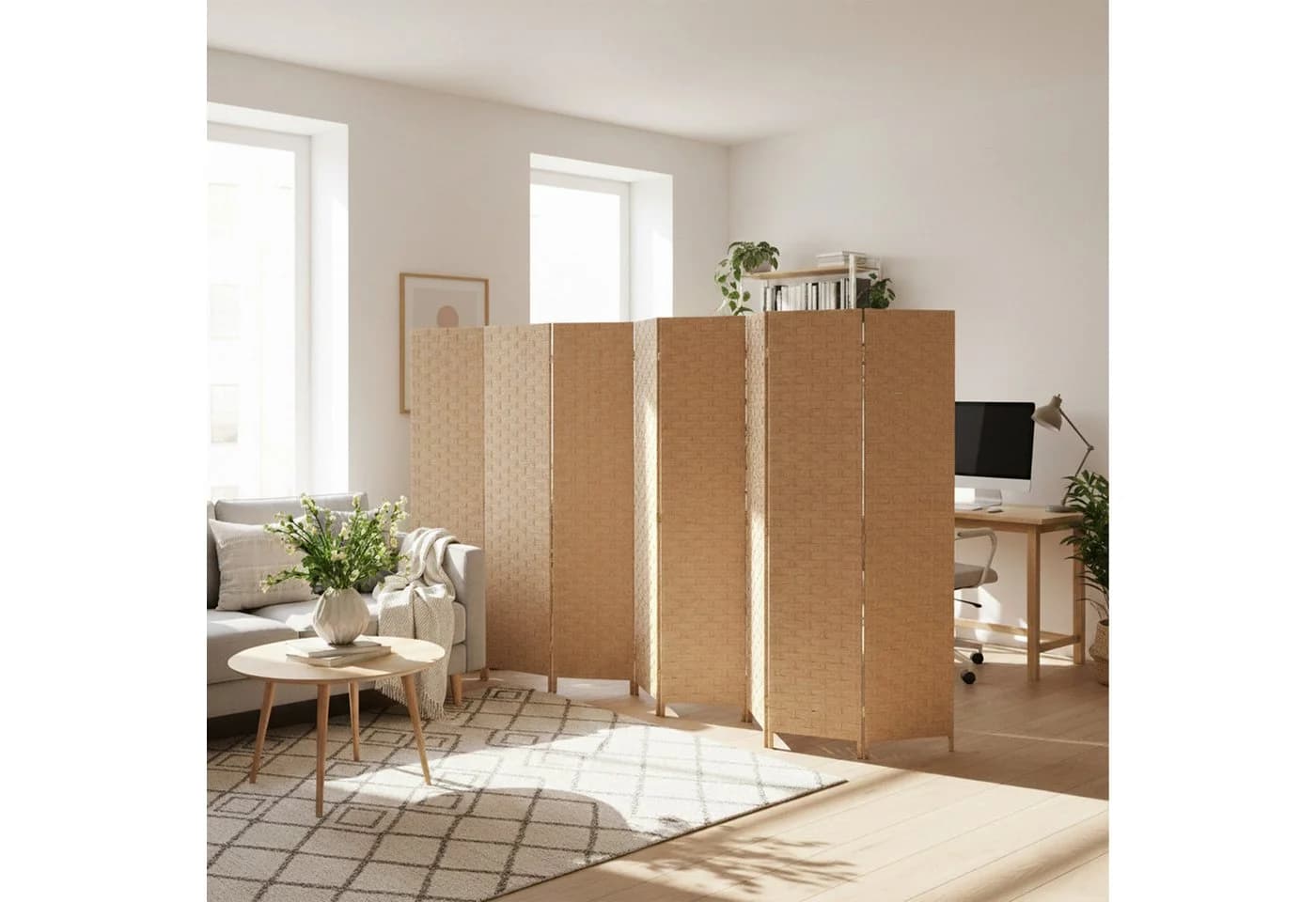 relaxdays Paravent Raumteiler 8-teilig Natur Holz Papierseil