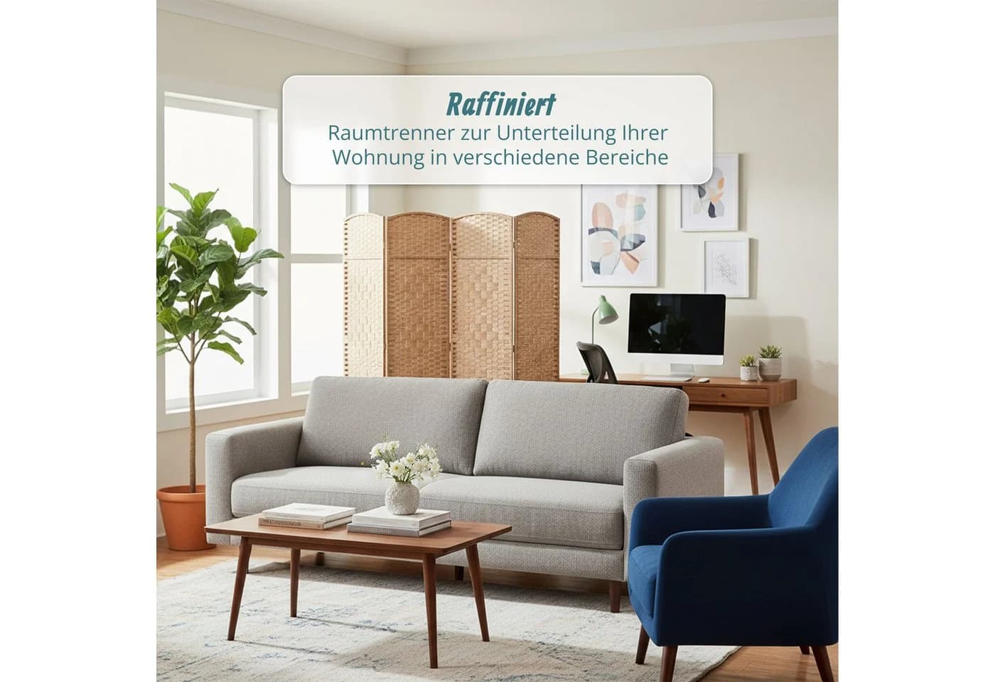RELAXDAYS Paravent Raumteiler 4-teilig Natur Papierseil