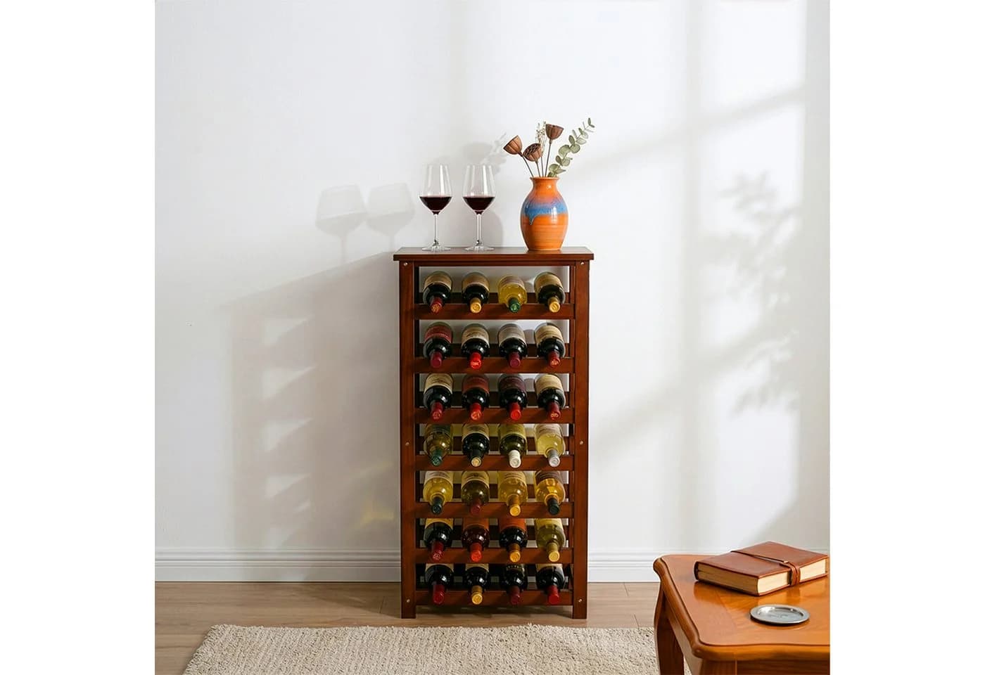 relaxdays Weinregal Walnussholz 28 Flaschen Braun
