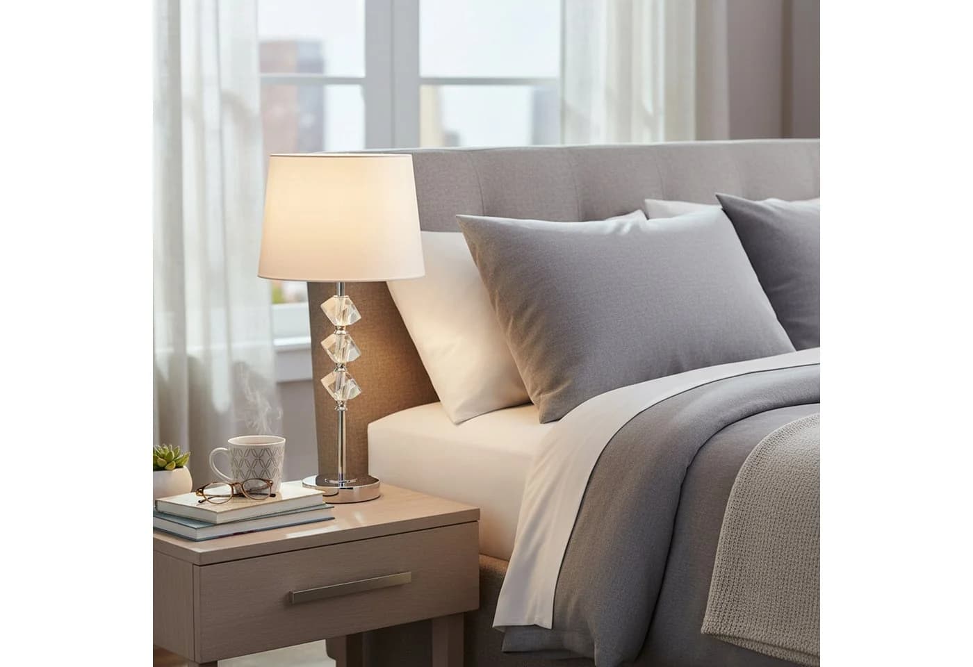 relaxdays Tischleuchte mit Kristall & Seidenschirm, E27, Creme/Silber